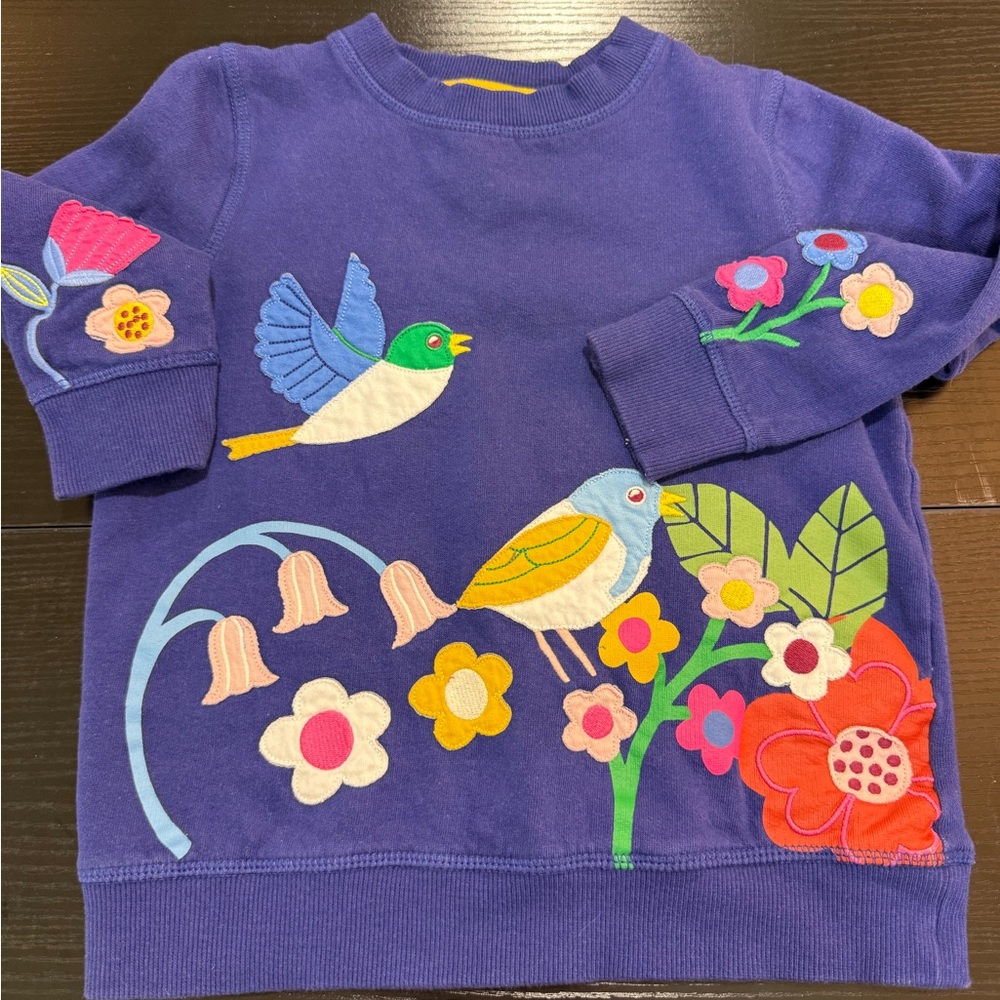 Mini Boden Girls Blue Embroidered Bird Floral Sweatshirt Size 6-7Y Cotton Spring - Picture 3 of 10